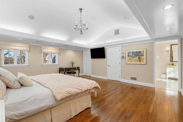 Bedroom, Chandelier, Interior, Recessed Lighting, Wood Texture Flooring