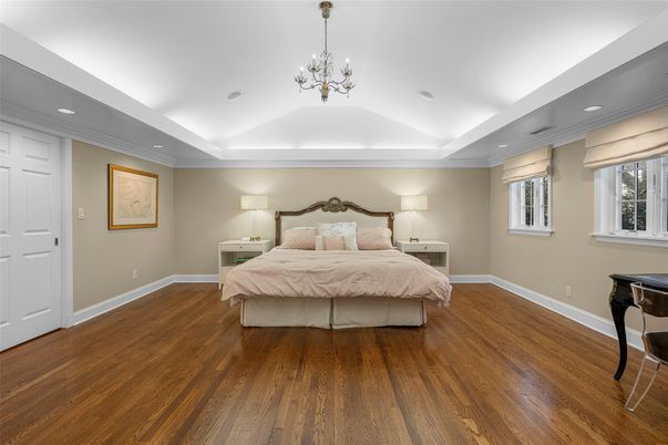 Bedroom, Chandelier, Interior, Recessed Lighting, Wood Texture Flooring
