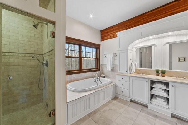 Bathroom, Dual Sink Vanities, Glass Shower, Interior, Recessed Lighting