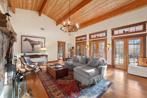Chandelier, Fireplace, Interior, Living room, Wooden Beams, Wooden Ceilings, Wood Texture Flooring