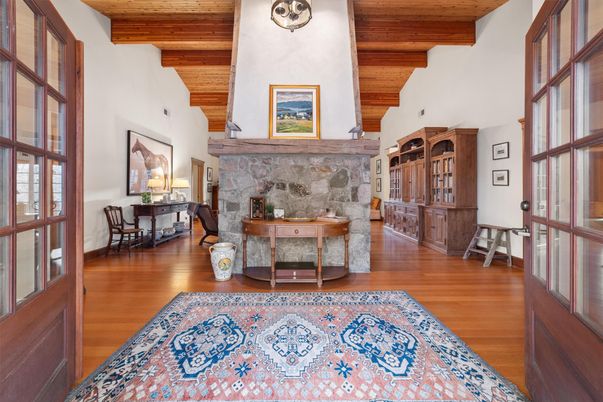Dining room, Fireplace, Interior, Wooden Ceilings, Wood Texture Flooring