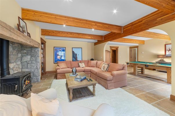 Billiard Table, Fireplace, Game Room, Interior, Living room, Recessed Lighting, Stone Walls, Wooden Beams