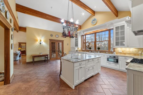 Chandelier, Interior, Kitchen, Pendant Lights, Recessed Lighting, Stainless Steel Appliances, Wooden Beams