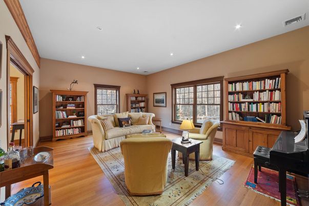 Interior, Living room, Piano, Recessed Lighting, Wood Texture Flooring