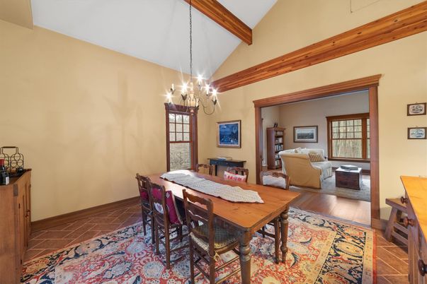 Chandelier, Dining room, Interior, Living room, Pendant Lights, Wooden Beams, Wood Texture Flooring