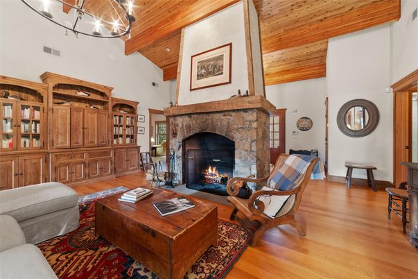 Chandelier, Fireplace, Interior, Living room, Wooden Ceilings, Wood Texture Flooring