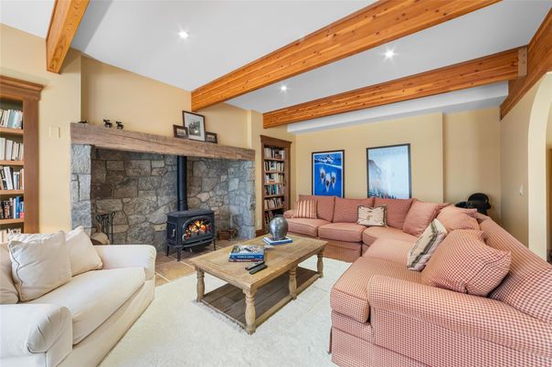 Fireplace, Interior, Living room, Recessed Lighting, Wooden Beams