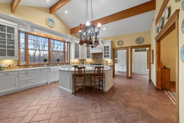 Chandelier, Interior, Kitchen, Pendant Lights, Recessed Lighting, Wooden Beams