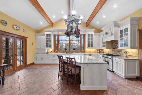 Chandelier, Interior, Kitchen, Recessed Lighting, Stainless Steel Appliances, Wooden Beams