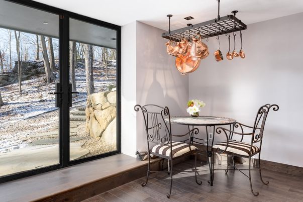 Dining room, Interior, Pendant Lights, Wood Texture Flooring