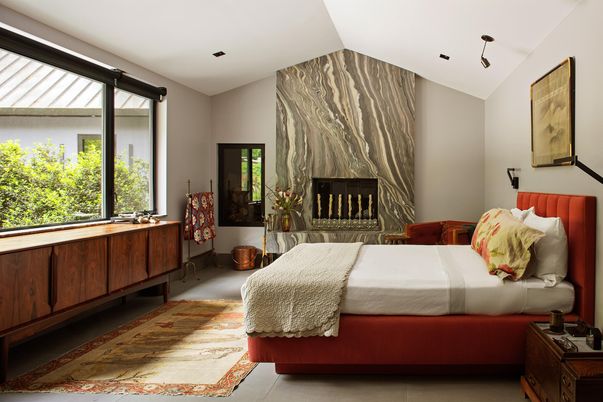 Bedroom, Fireplace, Interior, Recessed Lighting, Wood Texture Flooring