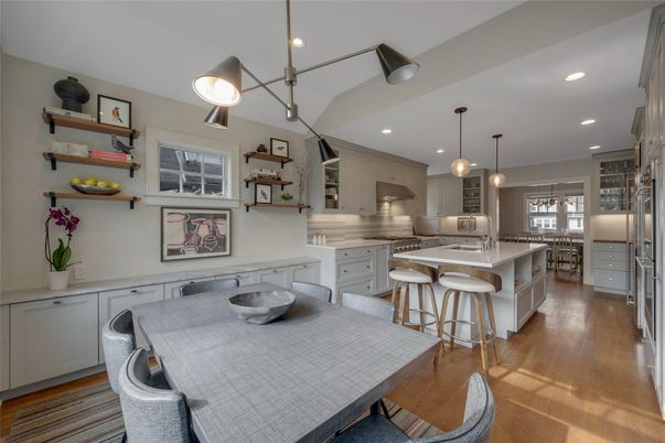 Dining room, Interior, Kitchen, Pendant Lights, Recessed Lighting, Stainless Steel Appliances, Wood Texture Flooring