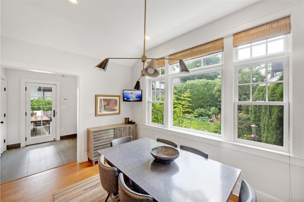 Dining room, Interior, Recessed Lighting, Wood Texture Flooring