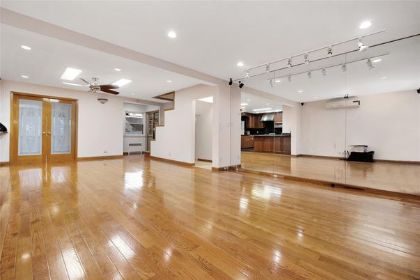 Empty room, Interior, Kitchen, Recessed Lighting, Wood Texture Flooring