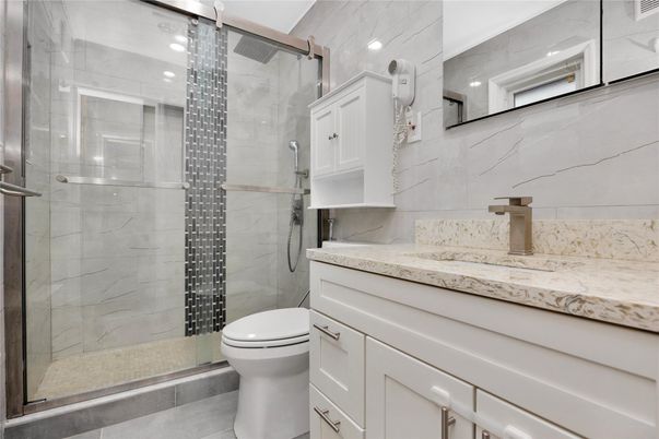 Bathroom, Glass Shower, Interior, Marble Walls, Recessed Lighting