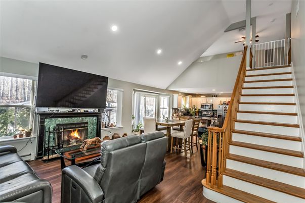 Dining room, Fireplace, Interior, Kitchen, Living room, Recessed Lighting, Wood Texture Flooring