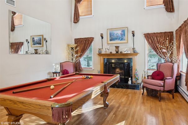 Billiard Table, Fireplace, Game Room, Interior, Wood Texture Flooring