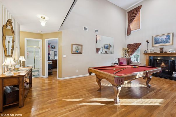 Billiard Table, Fireplace, Game Room, Interior, Wood Texture Flooring