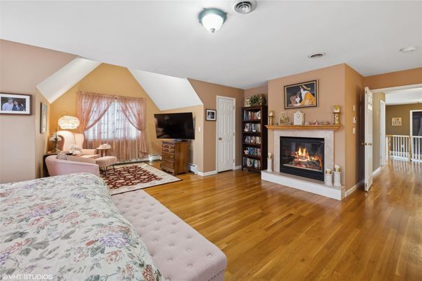 Bedroom, Fireplace, Interior, Wood Texture Flooring