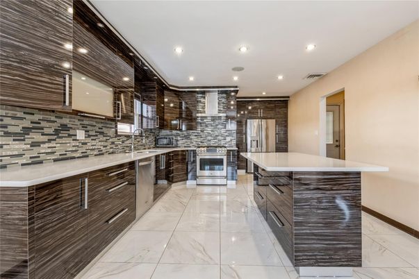 Interior, Kitchen, Marble, Recessed Lighting, Stainless Steel Appliances