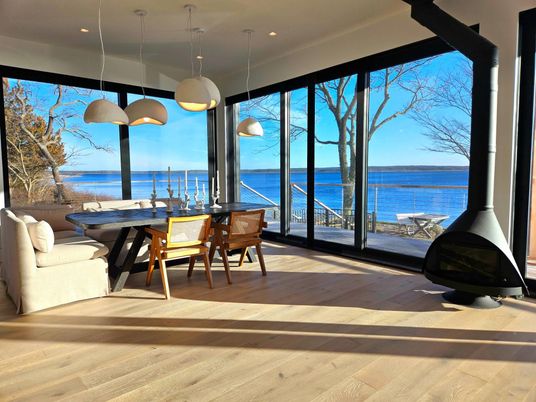 Dining room, Interior, Pendant Lights, Recessed Lighting, Water, Wood Texture Flooring