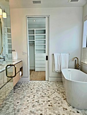 Bathroom, Free Standing Baths, Interior, Recessed Lighting, Wood Texture Flooring