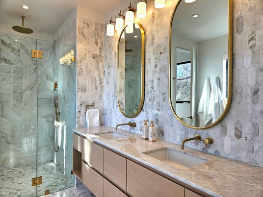 Bathroom, Dual Sink Vanities, Glass Shower, Interior, Marble Walls, Recessed Lighting