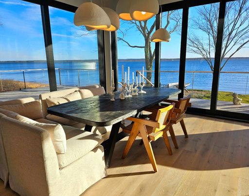 Dining room, Interior, Pendant Lights, Water, Wood Texture Flooring