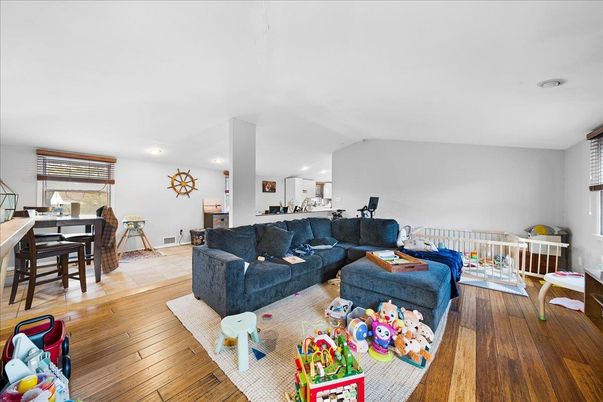 Dining room, Interior, Living room, Recessed Lighting, Wood Texture Flooring