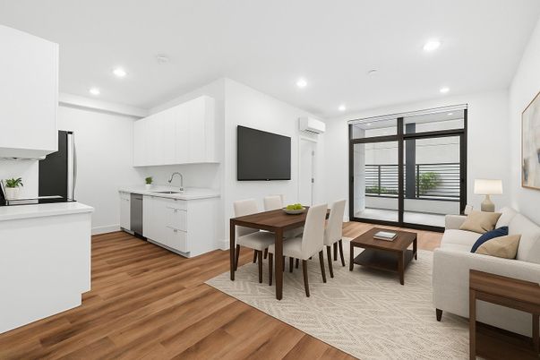 Dining room, Interior, Kitchen, Living room, Recessed Lighting, Wood Texture Flooring