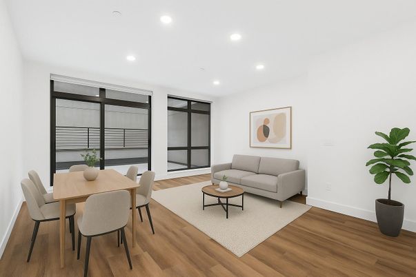 Dining room, Interior, Living room, Recessed Lighting, Wood Texture Flooring