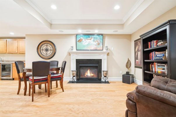 Dining room, Fireplace, Interior, Recessed Lighting, Wood Texture Flooring