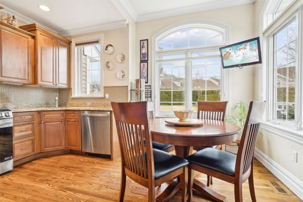 Dining room, Interior, Kitchen, Recessed Lighting, Stainless Steel Appliances, Wood Texture Flooring
