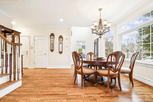 Chandelier, Dining room, Interior, Recessed Lighting, Wood Texture Flooring