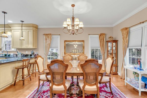 Chandelier, Dining room, Interior, Kitchen, Pendant Lights, Recessed Lighting, Wood Texture Flooring