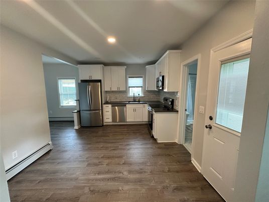 Interior, Kitchen, Recessed Lighting, Stainless Steel Appliances, Wood Texture Flooring