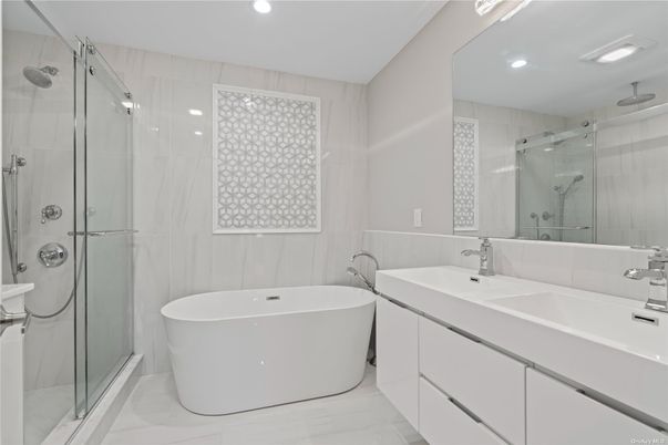 Bathroom, Dual Sink Vanities, Free Standing Baths, Glass Shower, Interior, Marble, Recessed Lighting