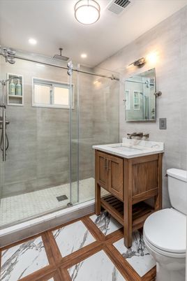 Bathroom, Glass Shower, Interior, Marble, Recessed Lighting