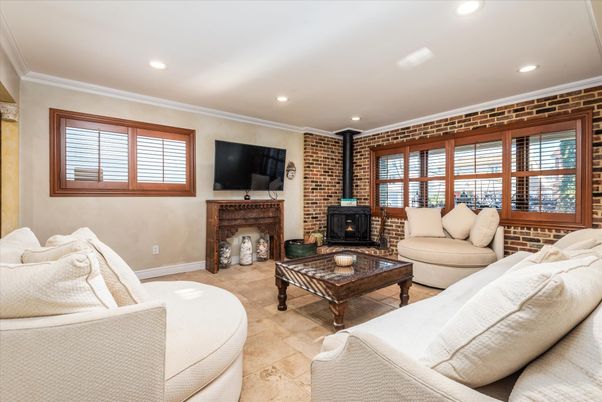 Fireplace, Interior, Living room, Recessed Lighting, Stone Walls