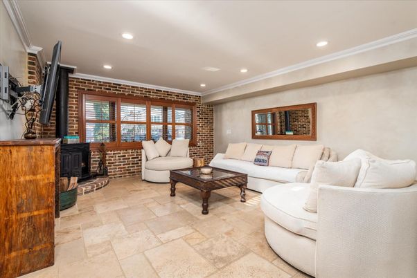 Fireplace, Interior, Living room, Recessed Lighting, Stone Walls