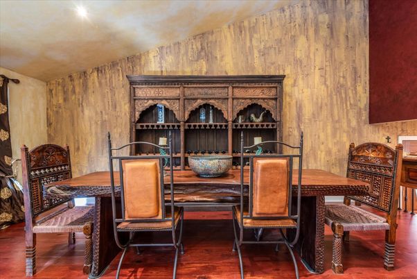 Dining room, Interior, Recessed Lighting, Wood Texture Flooring, Wooden Walls