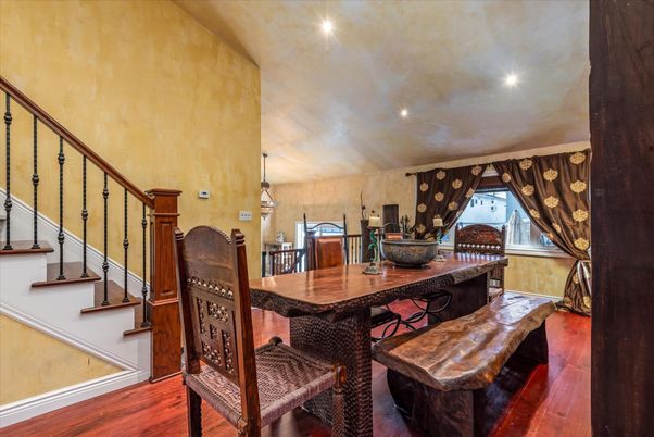 Dining room, Interior, Recessed Lighting, Wood Texture Flooring