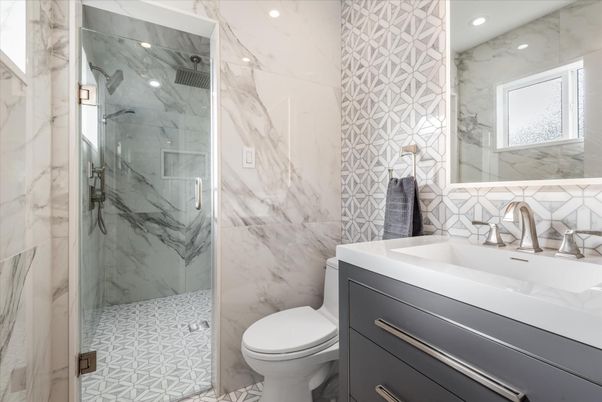 Bathroom, Glass Shower, Interior, Marble Walls, Recessed Lighting