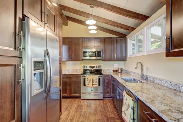 Interior, Kitchen, Pendant Lights, Stainless Steel Appliances, Wooden Beams, Wood Texture Flooring