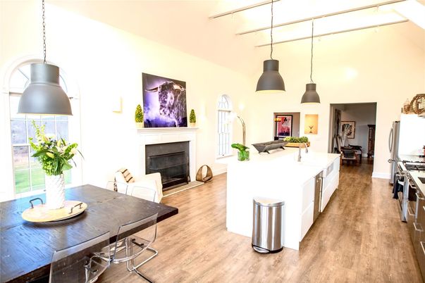 Dining room, Fireplace, Interior, Kitchen, Pendant Lights, Wood Texture Flooring