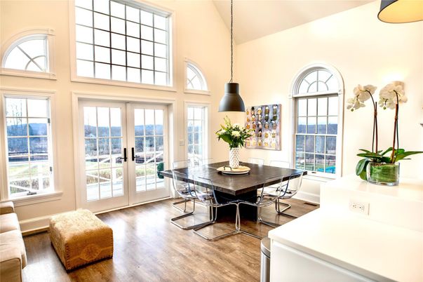 Dining room, Interior, Pendant Lights, Wood Texture Flooring