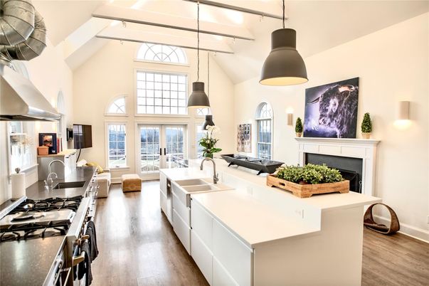 Fireplace, Interior, Kitchen, Living room, Pendant Lights, Wood Texture Flooring