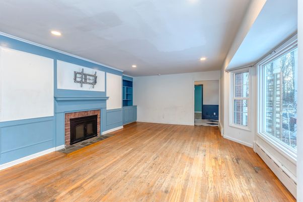 Empty room, Fireplace, Interior, Recessed Lighting, Wood Texture Flooring