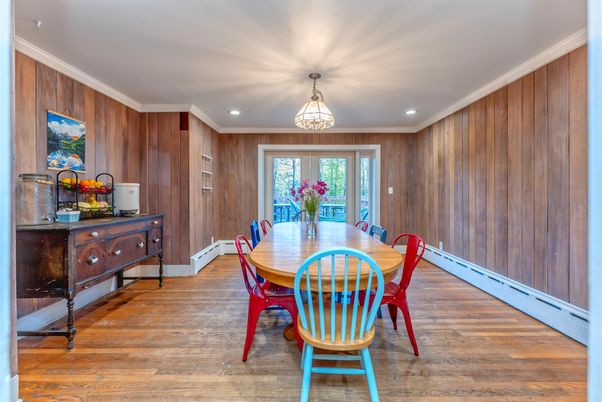 Dining room, Interior, Recessed Lighting, Wood Texture Flooring, Wooden Walls