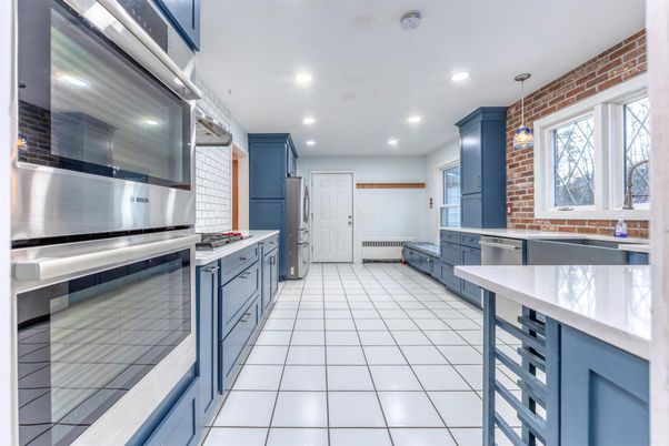 Interior, Kitchen, Pendant Lights, Recessed Lighting, Stainless Steel Appliances, Stone Walls